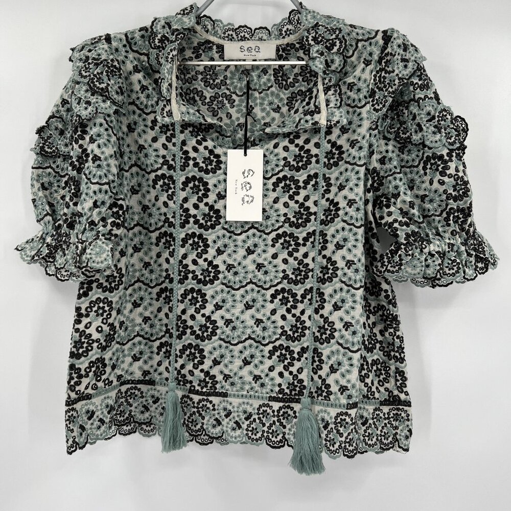 Sea New York Aurelia Puff Sleeve Top in Sky Blue Eyelet Lace Ruffle Boho sz 00